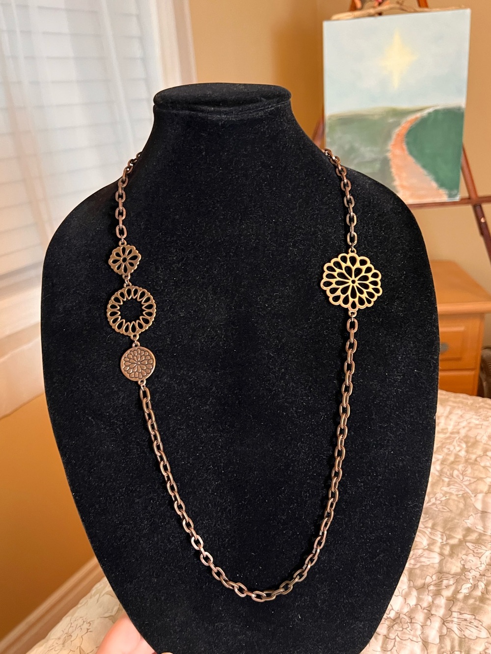 VINTAGE Gold Long Layering Chain Necklace with Filigree Flowers